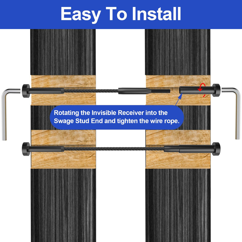 CKE 20 Pairs Black Invisible Cable Railing Kit, Black T316 Stainless Steel 3/16" Invisible Receiver, Swage Stud End for 2"x2", 4"x4" Wood/Metal Post, Invisible Cable Railing Hardware Tensioner BCR31