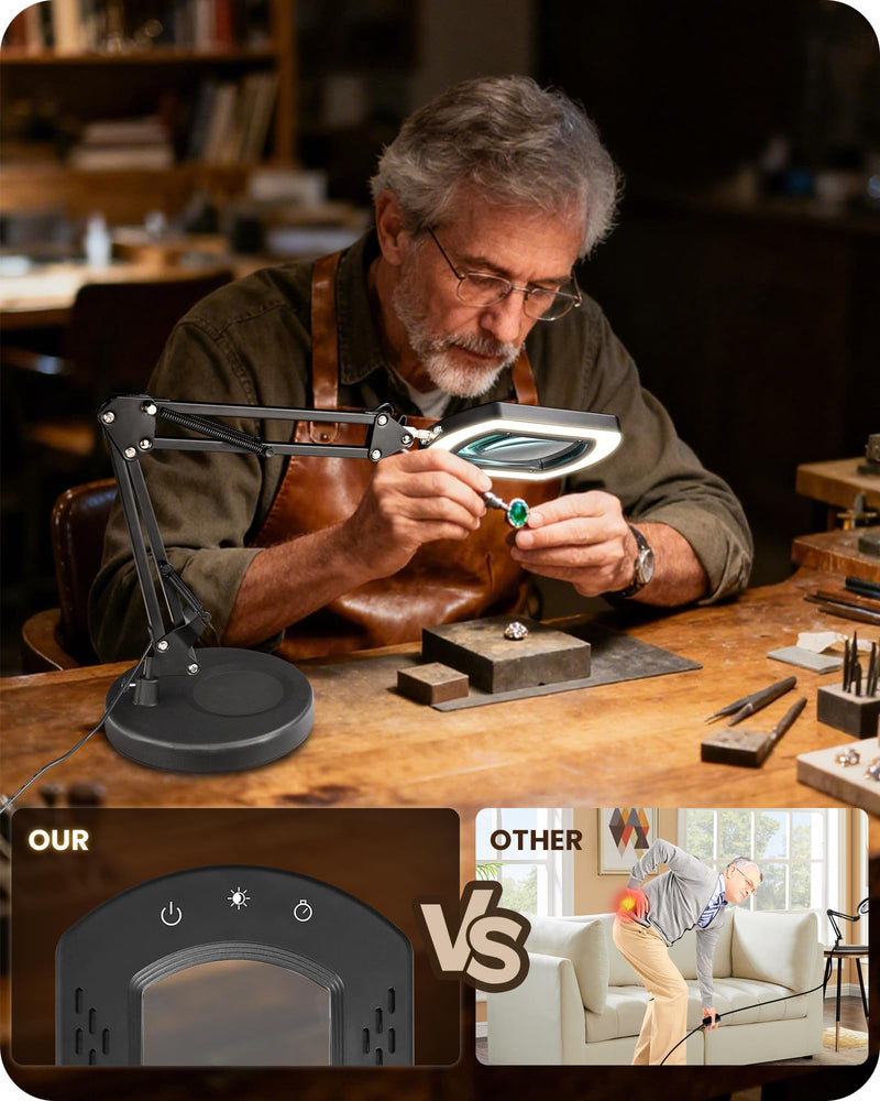 10X Round Magnifying Glass with Light and Stand, 2-in-1 LED Lighted Desk Lamp & Clamp, 5 Color Modes Stepless Dimmable, Hands-Free Magnifier Desk Lamp for Reading Craft Close Work B02DL05 Round Base & Clamp