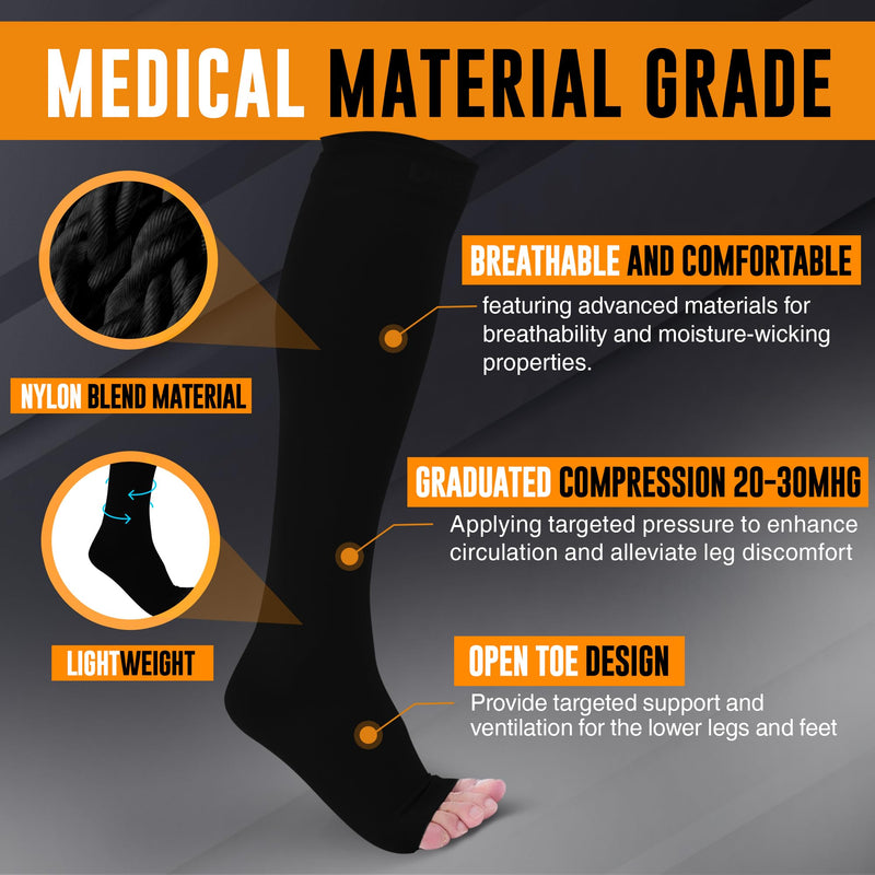 Doc Miller Open Toe Compression Socks, 20-30 mmHg, Toeless, Support Circulation, Shin Splints, Calf Recovery, Post Op, Knee High, Medical Grade, Black Socks, Large Size for Tall Men & Women, Pair Large Tall