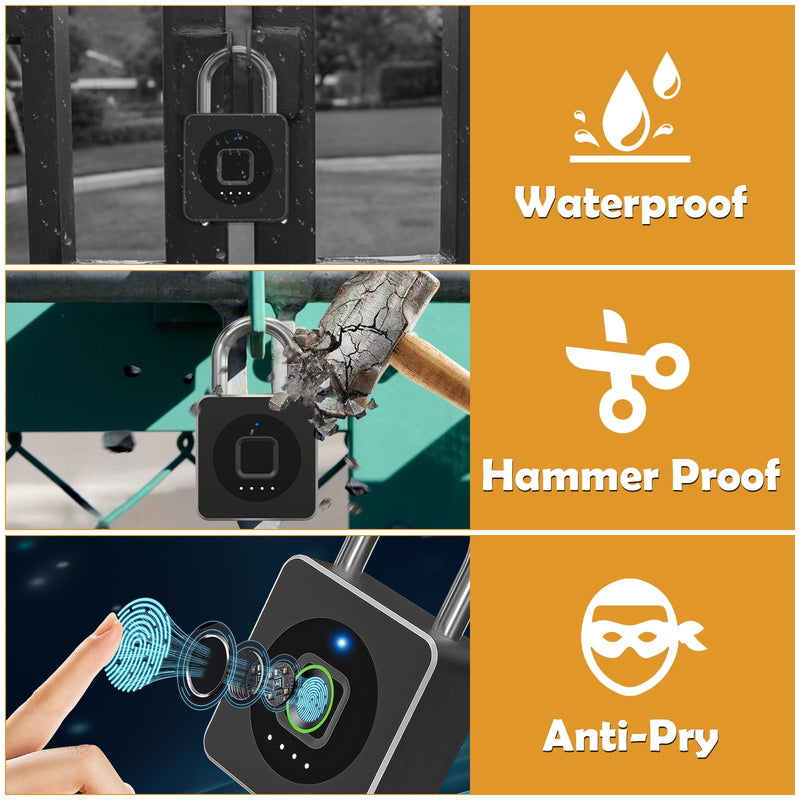 Pothunder Fingerprint Padlock, Fingerprint Lock with APP, Padlock with Steel Cable Keyless Biometric, Smart Padlock Waterproof Suitable for Gym, Locker, Helmet, Gate, Fence, Luggage Black with Cable