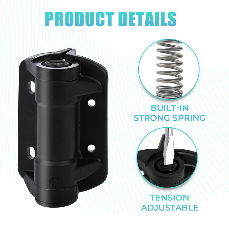 Self Closing Gate Hinges Black, Tension Adjustable Heavy Duty Spring Gate Hinges for Metal Gate, Fence, Hold Up to 154lbs, 2 Pack