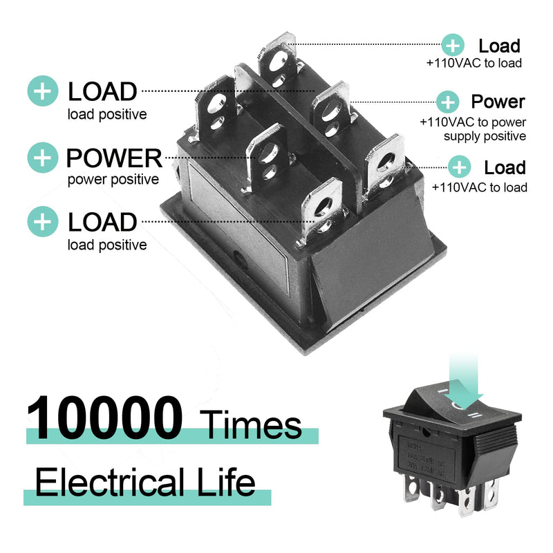 QTEATAK 2Pcs DPDT 6 Pins 3 Position ON/Off/ON Black Rocker Toggle Switch for Car and Boat AC 20A/125V 16A/250V KCD4