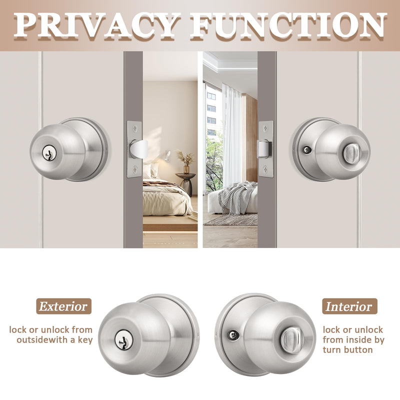 Probrico（3 Pack Entry Door Knob Keyed Alike,Satin Nickel Finish Door Lock Handle,Entry Door Lock/Ball Door knobs with Lock and Same Key,Entrance Knob[Lock with 3 Combo Keys] for Office or Front Door Satin Nickel