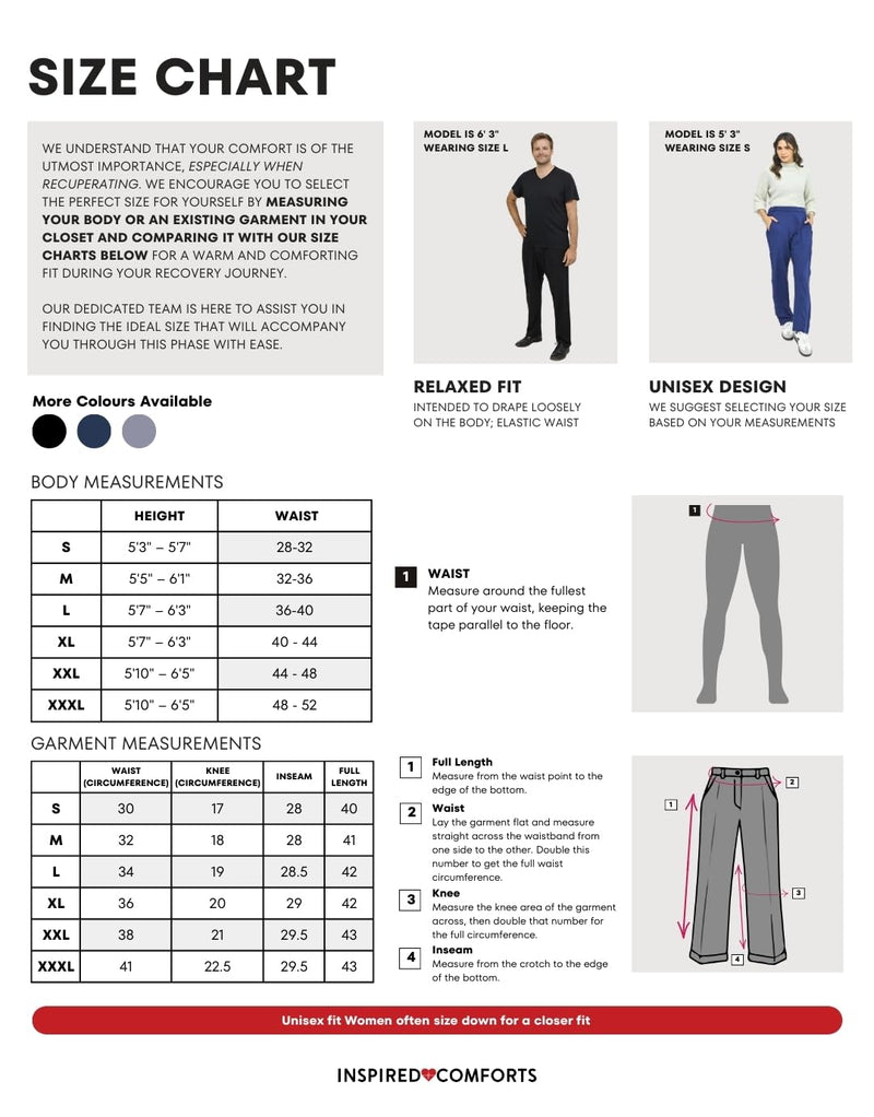 Inspired Comforts Unisex Tearaway Post Surgery Recovery Pants with Side Snaps & Pockets Black Medium