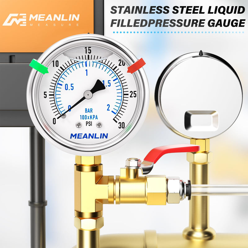 MEANLIN MEASURE 0~30Psi Low Liquid Filled Pressure Gauge Stainless Steel 1/4" NPT 2" FACE DIAL for Pool Sand Filter Water Oil Air Pressure Test Lower Mount, with Hex Bushing and 2PCS Snaps 0-30 Psi