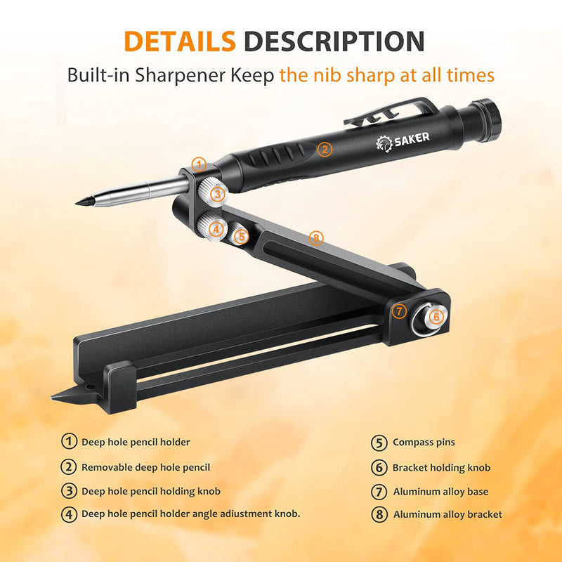 Saker Multi-function Scribing Tool- Construction Pencil- Aluminum Alloy Scribe Tool with Deep Hole Pencil,DIY Woodworking Scribe Gauge Scriber Line Maker Measuring Tool,Multifunctional Tools Black