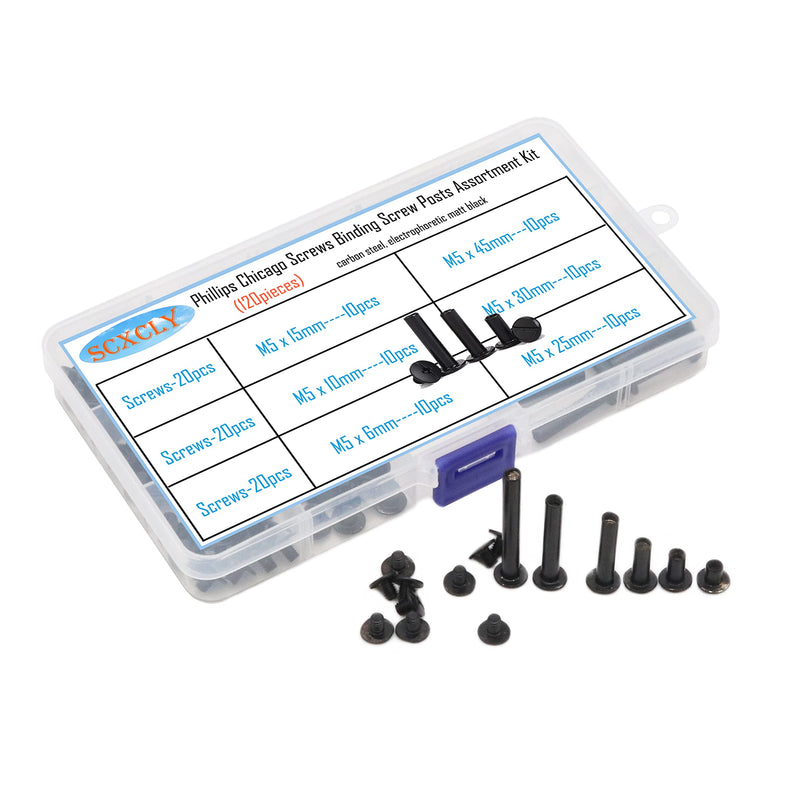 120pcs Chicago Screws Binding Screw Posts Assortment Kit, 6 Sizes(M5 x 6/10/15/25/30/45m), Carbon Steel Electrophoretic (Black) Electrophoretic-Black
