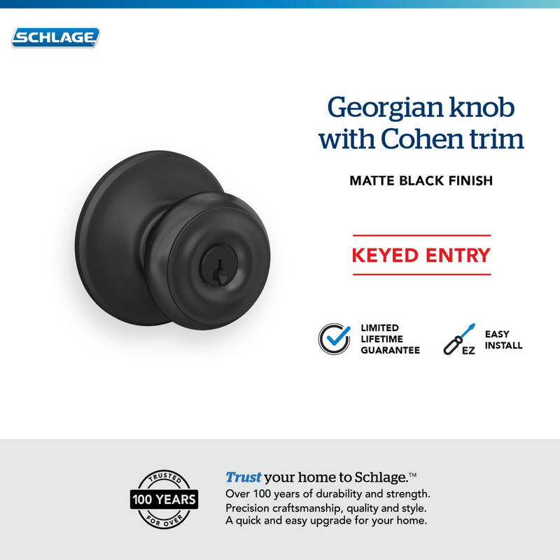 Schlage F51A GEO 622 COH Georgian Door Knob with Cohen Trim, Keyed Entry Lock, Matte Black