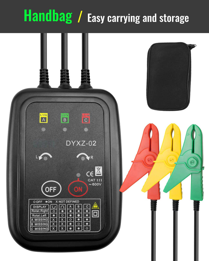 3 Phase Rotation Tester Non Contact Rotation Meter AC 70~600V | High Magnetic Induction Phase Sequence Detector with 22 Inch Clamp Lead, LED, Carrying Bag Auto Power Off Phase Meter DYXZ-02