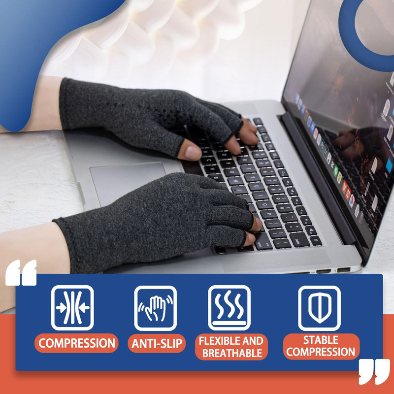 DRNAIETY 2 Pairs Arthritis Gloves, Fingerless Compression Gloves Women& Men, for Hand Arthritis, Carpal Tunnel Pain, Anti-Slip, Kept in Motion(M, Gray) Medium Gray-black
