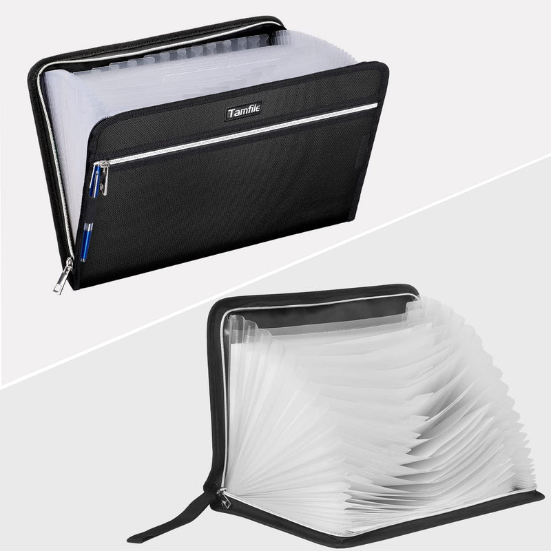 Tamfile Fireproof Waterproof Safe Expanding File Folder Accordion Document Organizer with 24 Pockets Portable Money File Bag Filing Holder and Lables/3Zippers A4 Letter Size (Black,14.3" 9.8") White