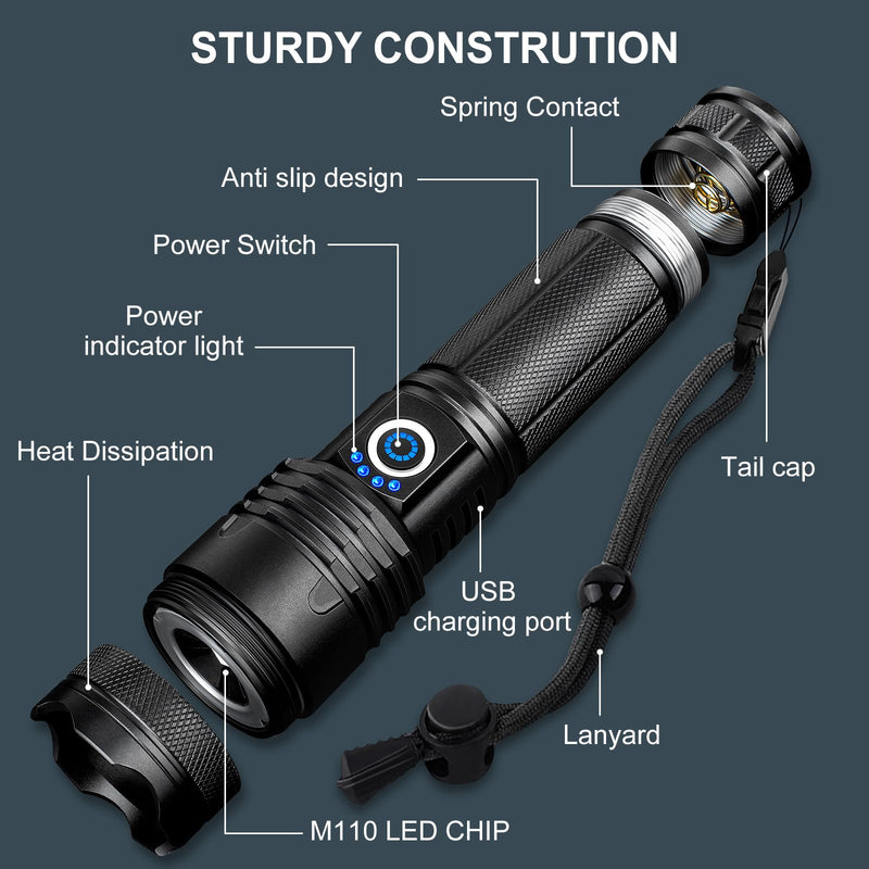 Rechargeable Flashlights 99000 High Lumens 2 Pack, Led Super Bright Flashlight with 5 Modes & IPX7 Waterproof, 15H Running Time, High Powered Flash Light for Home Camping Home Emergencies