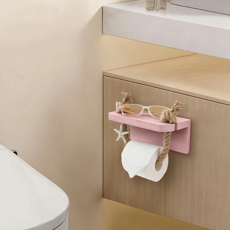 Mermaid Toilet Paper Holder - Pink Beach Coastal Rope Bathroom Decor with Starfish Wall Mount, Farmhouse Tissue Holder with Wood Shelf, Rustic Towel Rack Bathroom Accessories