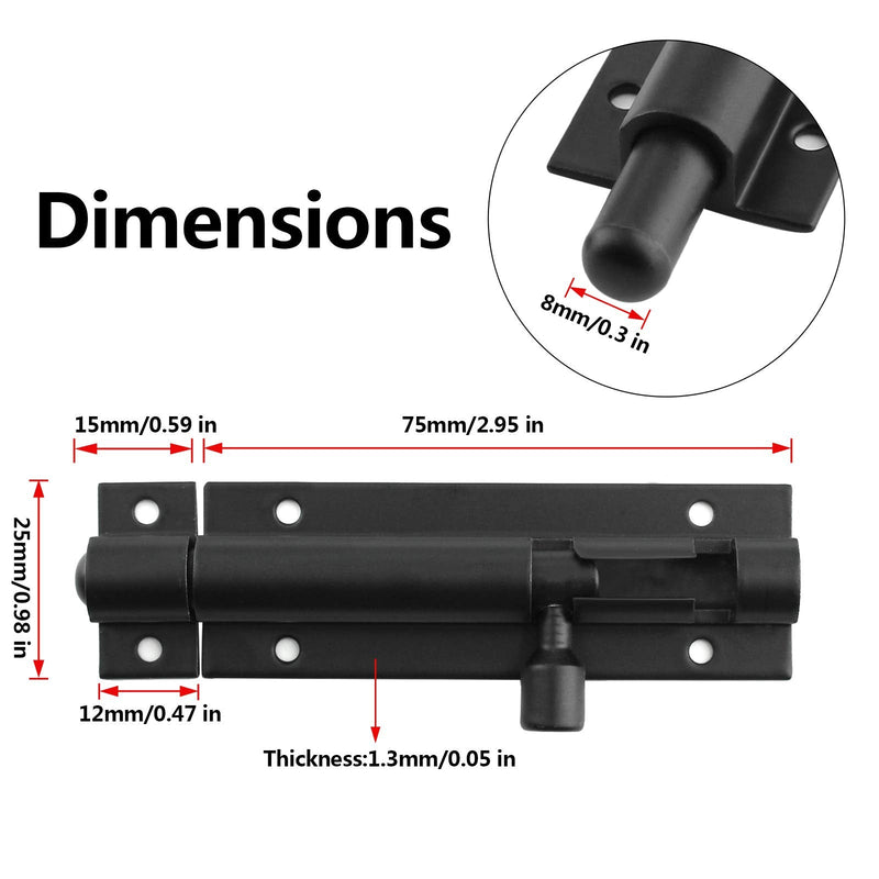 BokWin 2Pcs 3 Inch Door Latch Lock Slide Bolt, Solid Aluminium Thickened 1.3mm Door Barrel Bolts Latches, Security Sliding Latch Lock with 12 Screws (Matte Black Finished) 3 Inch(2 pcs)