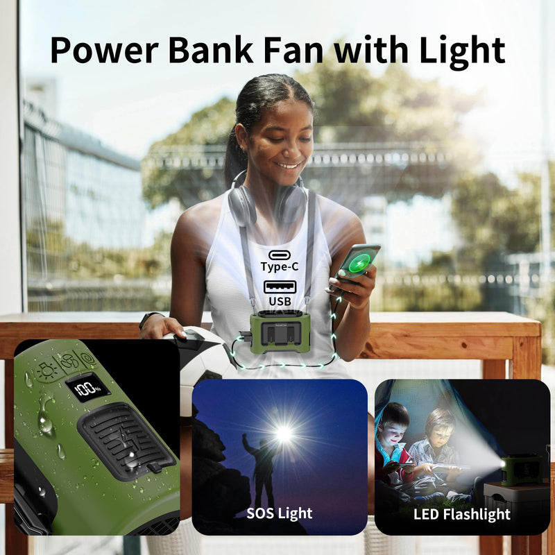 Socool 14500mAh Portable Waist Fan Clip On Wearable Belt Shirt Fan 5 Speeds with Dual Air Outlet & Flashlight Personal Hanging Neck Fans Battery Operated Rechargeable 40H Cooling For Camping Jobsite Green