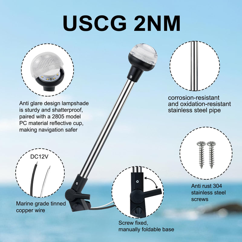 16 Inches Stern Light,Bimini Top Light,Navigation Lights,White Anchor Lights,Folding Base,USCG Certified 2NM,for Pontoon Boats