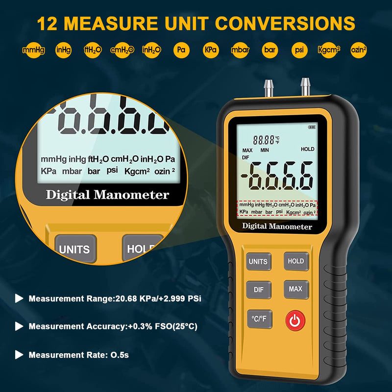 Manometer,Professional Air Pressure Meter Dual-Port Manometer Gas Pressure Tester,12 Selectable Units Differential Pressure Gauge HVAC Gas Pressure Meter(Included Battery) E2-QX1201(±20.68 KPa/士2.999 PSi)