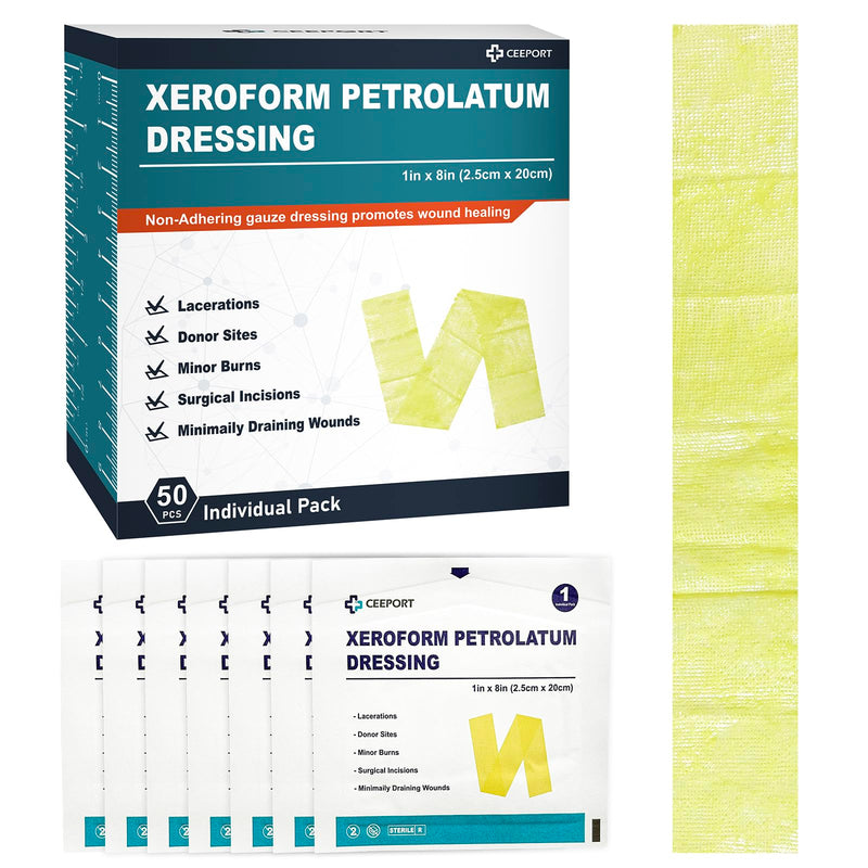 Medical Xeroform Petrolatum Dressing 1"x8", 50 Individual Pack, Non-Adherent Gauze Pad Strip, Fine Mesh Gauze Patch Supplies for Wound Care, Burns, Lacerations, & Skin Grafts