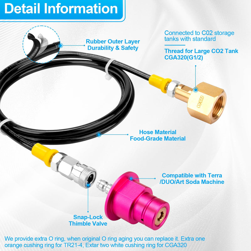 Soda Machine Adapter with Quick Connector Hose, Soda CO2 Stream Cylinder CGA320 Threaded Refill Fit for Soda Terra/Art/Gaia/Duo/Aqua Fizz Pink Carbonators Series Machine,Soda Maker Accessories(60inch) Pink adapter