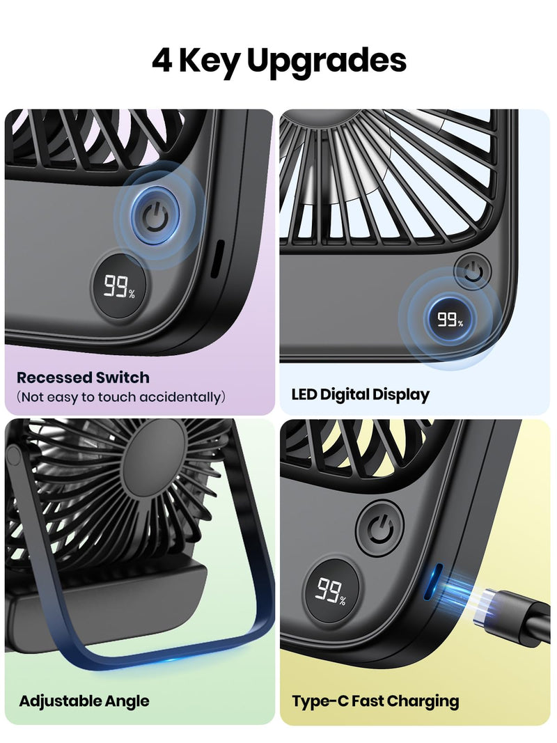 TOPK 2 Pack 5000mAh Portable Desk Fan, Ultra-Thin Rechargeable Battery Operated Fan with Digital Display, Quiet 4-Speed Small Personal Travel Fans for Office, Bedroom, Cruise, Outdoor Black & Pink