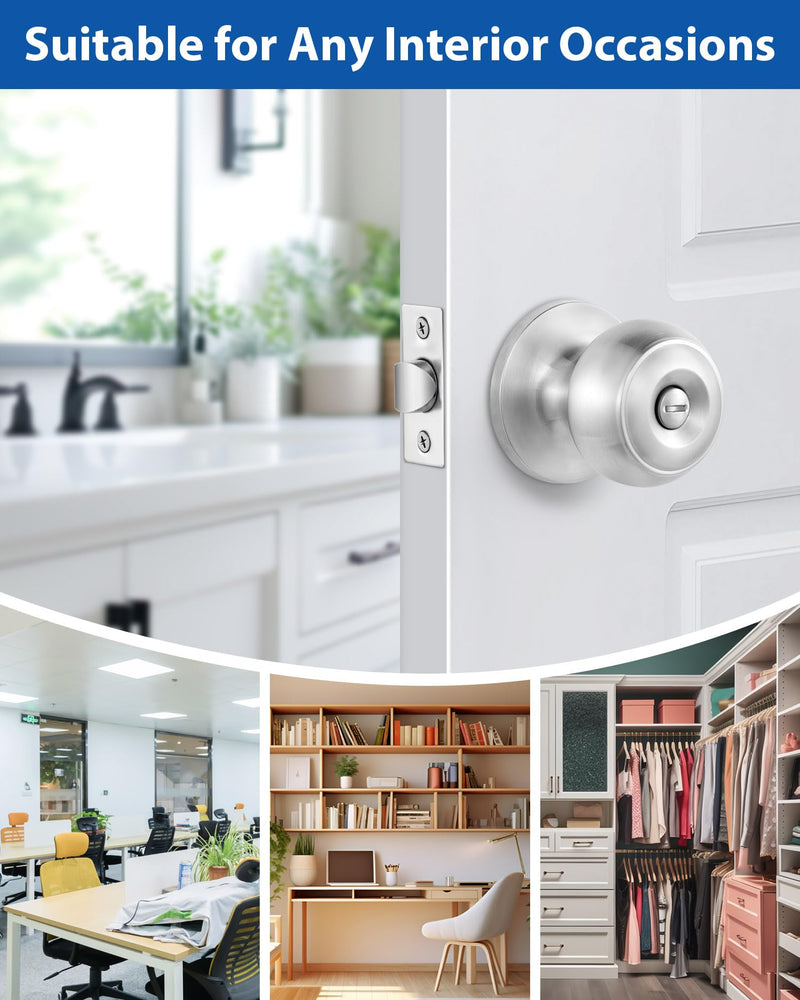 Lanwandeng 5 Pack Interior Door Knobs for Bedroom or Bathroom Keyless, Brushed Nickel Privacy Door Knob, Round Ball Bath/Bed Door Locks Satin Nickel