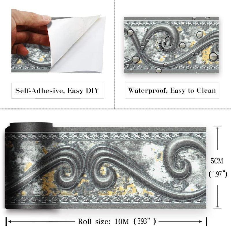 Peel and Stick Wallpaper Border, Abstract Curve Grey Removable Self Adhesive Wall Border Decorative Molding Tiles Stciker for Home Decor 2''x32.8ft 2''x393.7'' Gray
