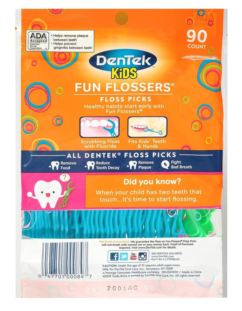 DenTek Kids Fun Flossers, Floss Picks, Removes Food & Plaque, 90 Count Wild Fruit 90 Count (Pack of 1)