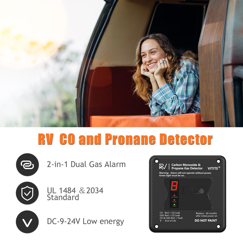 RV Carbon Monoxide & Propane Detector, Replacement for Old RV Gas Detector #31011, 2 in 1 Dual CO/LP Gas Alarm, Hardwired - VDC 12V, Flush Mount, Black