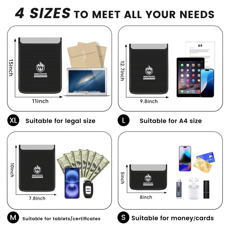 4 Pack Fireproof Document Bags, Waterproof Document Pouch Holder with Zipper, Fire Proof Money Bag for Cash, Fireproof Envelope Fire Safe Bag, Fire Resistant Storage for Legal/A4 Size (Black) Black