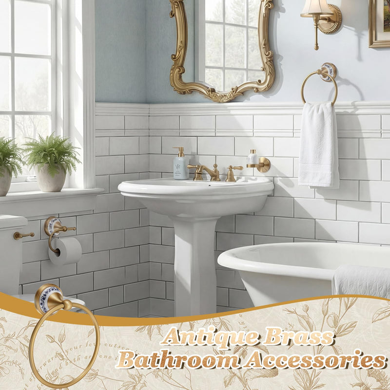 2 Pack Chinoiserie Chic Brass Bathroom Hardware Set - Exquisite Floral Porcelain Brushed Gold Towel Ring and Tissue Holder, Artistic Oriental Style Wall Decor