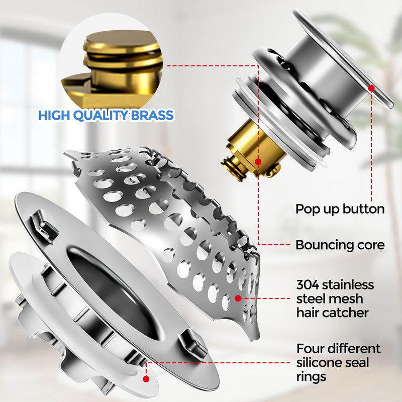 zaa Bathtub Drain Stopper, Upgraded 2in1 Tub Stopper Bathtub Drain Cover and Hair Catcher, Pop Up Bathtub Drain Plug, Replaces Lift & Turn, Tip-Toe or Trip Lever, for 1.46-2" W Drain Hole, Silver