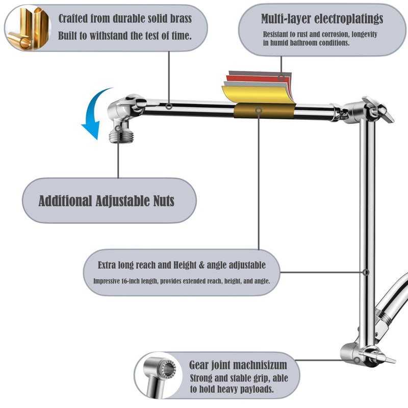 16 inch Dual Extension Extra Long Adjustable Shower Head Extension Arm With Locking Set Screw, Singing Rain Brass Angle Height Adjustable, G1/2 Universal Connector Compatible (Chrome Finish) Chrome