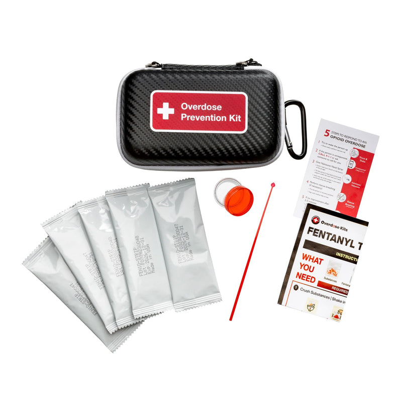 Fentanyl Test Strip Opioid Overdose Prevention Kit | Includes 5 Fentanyl Test Strips for Pills, Powders & Liquids + Naloxone Carry Case + Mixing Container + 10mg Spoon and Instructions (1) Single Black