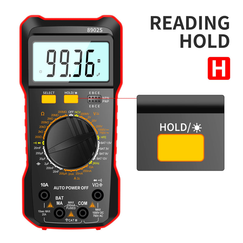 Digital Multimeter Multi Tester 2000 Counts Manual-ranging Measurable DCV ACV DCA ACA Capacitance Resistance Frequency with Over Range Protection Backlight LCD Displaying Back Bracket