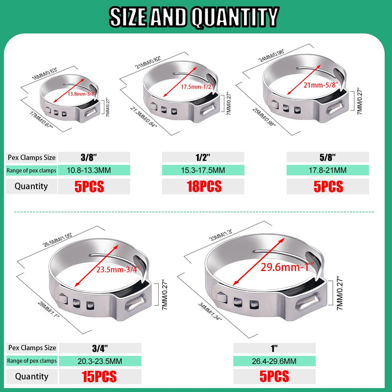 Twidec/48PCS 3/8",1/2",3/4",5/8",1" PEX Cinch Clamps Kit 5 size,Stainless Steel Pex Crimp Rings,Single Ear Hose Clamps For Pex Pipe Fitting Connections N-058-48PCS 48PCS Kit