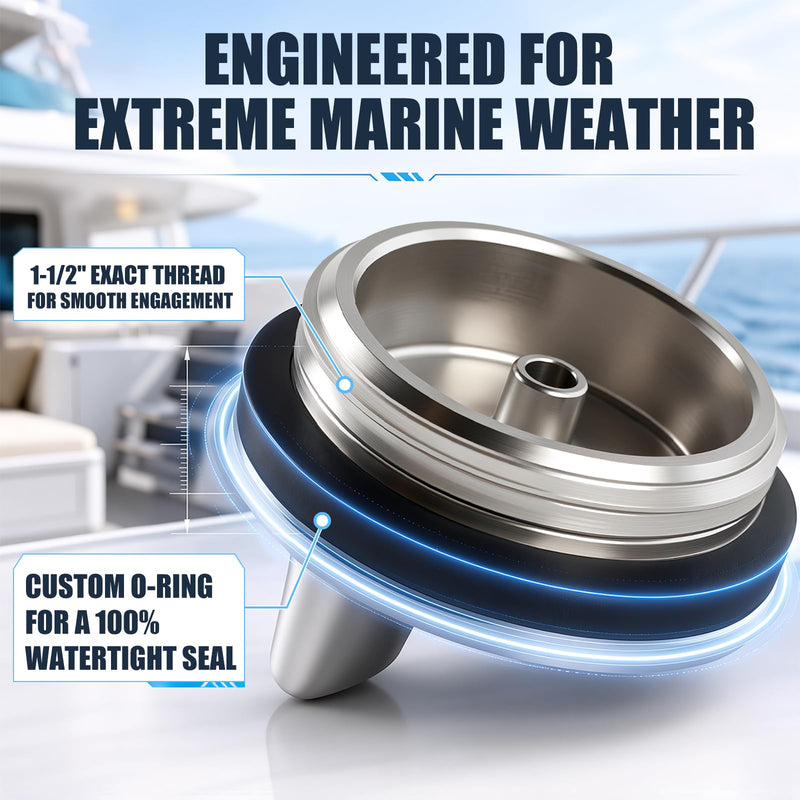 316 Stainless Steel Marine Deck Fill Cap with O-Ring,Replaces Compatible with Perko 1313/1314 & for Seachoice 32011,Boat Gas Cap Replacement,1-1/2" Thread for Bass Boats 2PC
