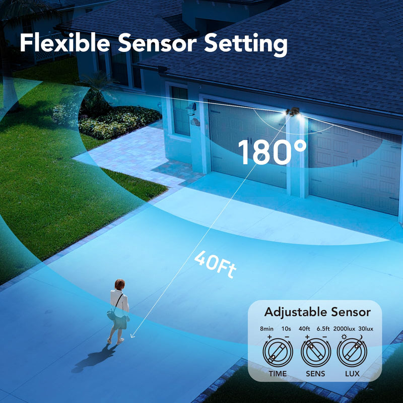OREiN Motion Sensor Outdoor Lights, 450° Superwide Adjustment Dusk to Dawn Flood Lights Outdoor, 5000K 150W Equiv 3Modes Motion Lights for Outside LED Security Lights, IP65, Black (Hardwired) 2 Heads