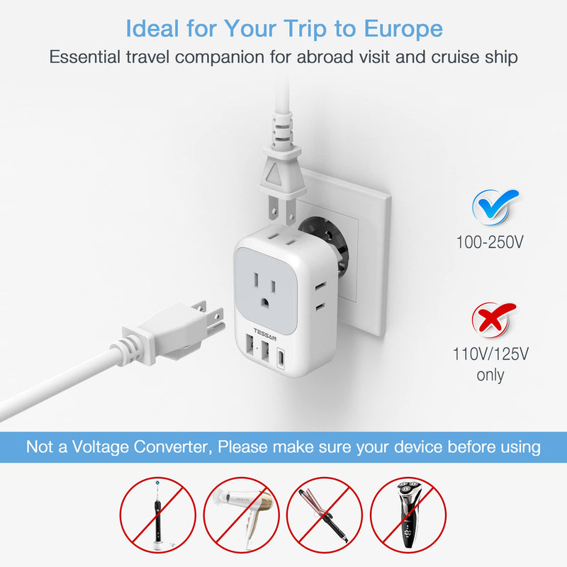2 Pack European Travel Plug Adapter USB C, TESSAN US to Europe Plug Adapter with 4 Outlets 3 USB Charger, Type C Power Adaptor to Italy Spain France Portugal Iceland Germany, White Gray Type C-Most of Europe