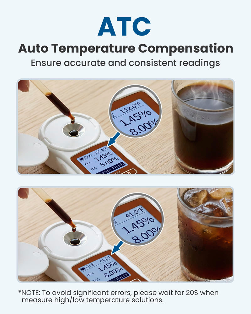 Professional Coffee Refractometer with ATC for Coffee Enthusiasts | Measure Coffee TDS & Brix, One-tap Calibration, Anti-Glare Interference, Rechargeable, Backlight, ℉/℃ Switch (0-22%, 0.2%) Brown