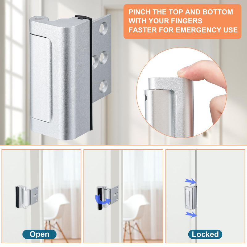 2 Pack Home Security Door Lock,Childproof Door Reinforcement Lock,with 3" Stop Withstand 800 lbs,for Inward Swing Doors,Night Kids Safety Metal Flip Lock Deadbolt Latch (Silver) 2Pack-Silver