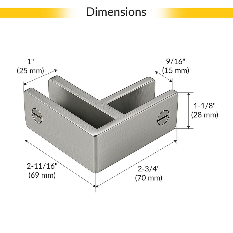 Brixwell Glass-to-Glass Bracing Clamp 90 Degree Type, Duplex 2205 Stainless Steel, Brushed Stainless Steel Finish, Fits 3/8" to 1/2" Tempered Panels, 1-1/8" Height