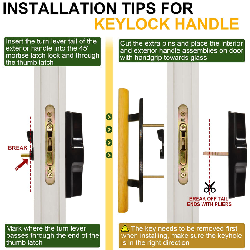Sliding Glass Patio Door Handle Set with Key Cylinder and Mortise Lock 45° Keyway, Oak Wood Inside Handles and Zinc Diecast Outside Pull, 3-15/16" Hole Spacing, Non-Handed, Black Black Keyed Handles + Mortise Lock