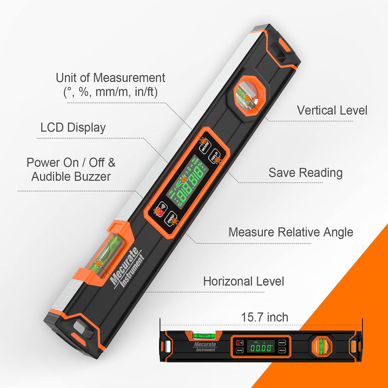 Mecurate Digital Level 15.7'' with LCD Display, 360° Angle Magnetic Digital Torpedo Level, Vertical & Horizontal Spirit Bubble Protractor for Construction Carpenter Craftsman Home Professional 15.7-Inch Digital Level