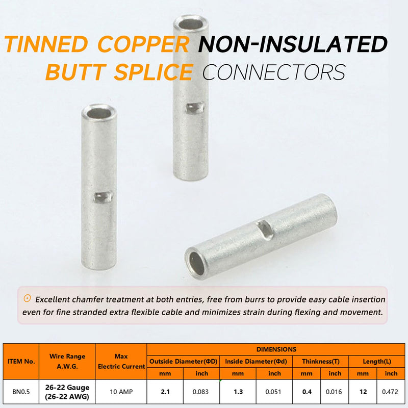 SVAAR 26-22 Gauge Non-Insulated Butt Connectors 100 PCS 26-22 AWG Butt Splice Connectors 0.5 mm² Uninsulated Crimp BN0.5 Butt Connectors Pure Copper Tin Coated Marine Grade Crimp Butt Terminals Tinned Copper 26-22 AWG (BN 0.5)