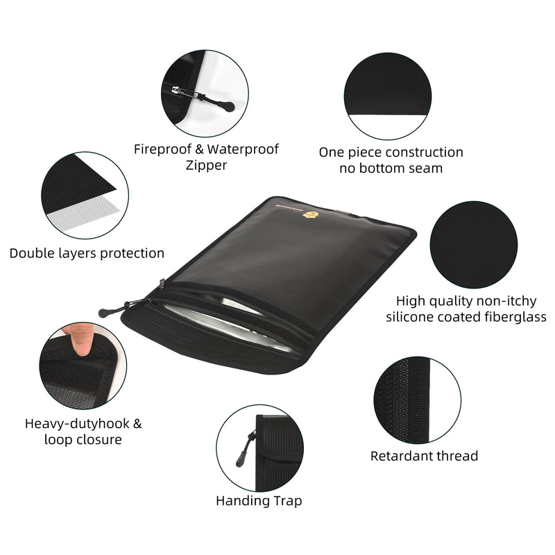 2 Pcs Fireproof Waterproof Document Bag(2000℉) – Fire & Waterproof Money Pouchfor for Cash w/Zipper – Safe Storage for A4/A5 Documents Holder, File, Cash, Jewelry, Passport, Tablet, Laptop Black 1 15 x 11 inch + 5 x 8 inch