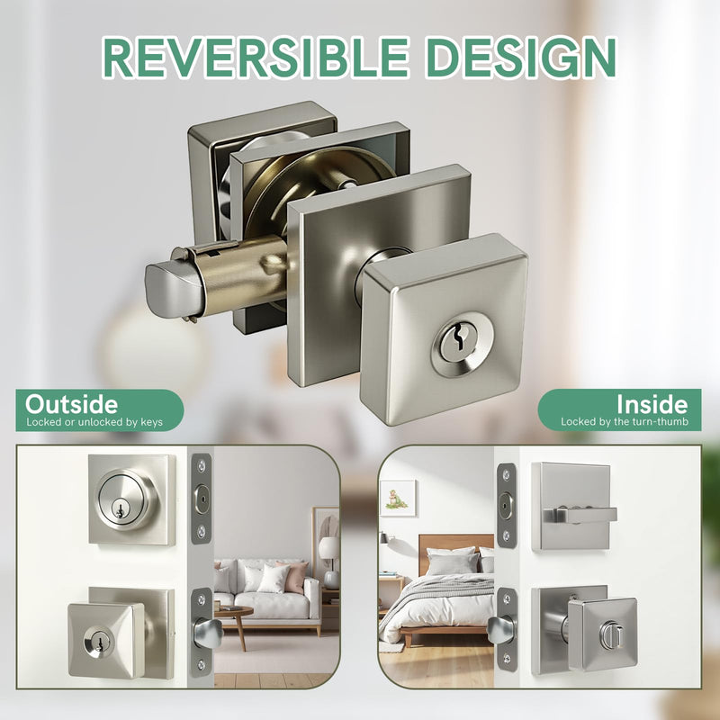 Square Door Knobs Exterior Door Lock Set with Deadbolt, Single Cylinder Deadbolt Door Locks with Keys, Keyed Alike (Satin Nickel,1PACK) Satin Nickel 1 Pack