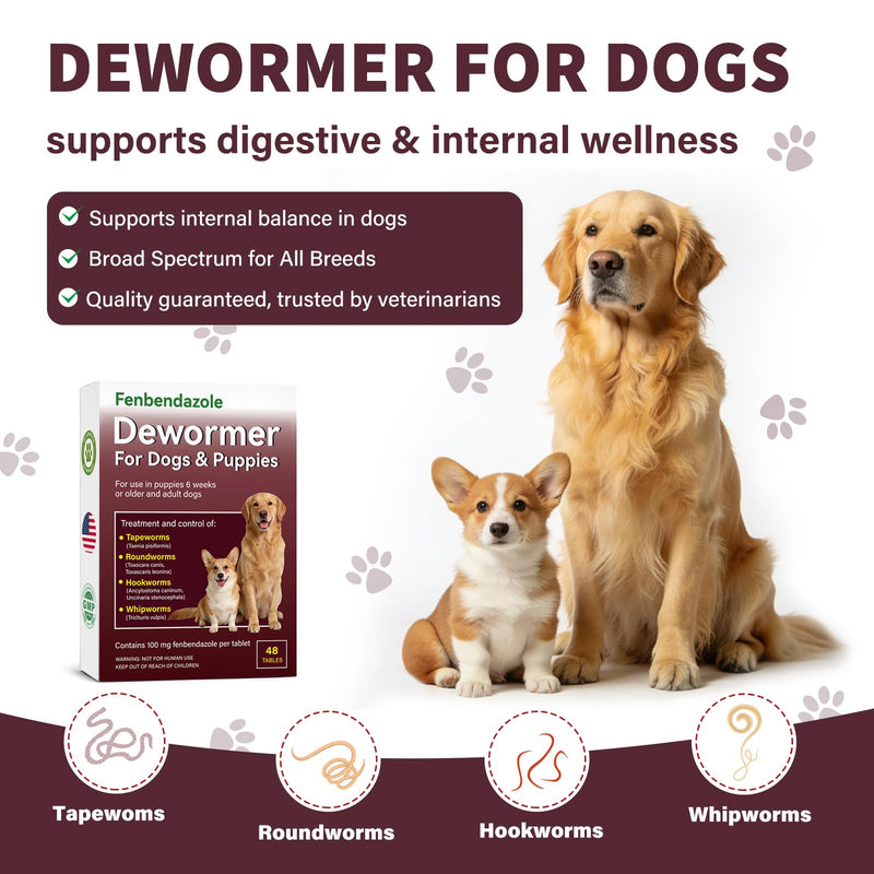 Dog Dewormer for Dogs & Puppies, Fenbendazole All Wormers Tablets for Tapeworms, Roundworms, Hookworms & Whipworms, 48 Count
