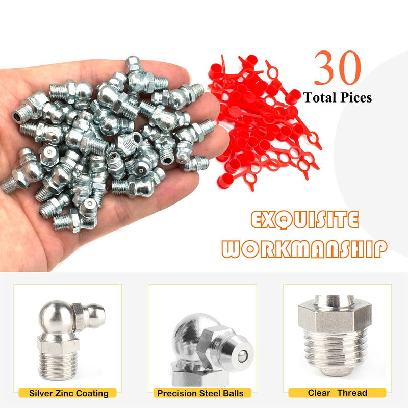 30Pcs 1/4"-28 Straight 45 90 Degree Grease Fitting Assortment Kit with Grease Zerk Fittings Caps, Galvanized Steel Hydraulic Grease Zerk for Industrial and Agricultural Machinery Cars Ships ets 1/4"-28-30 Pcs