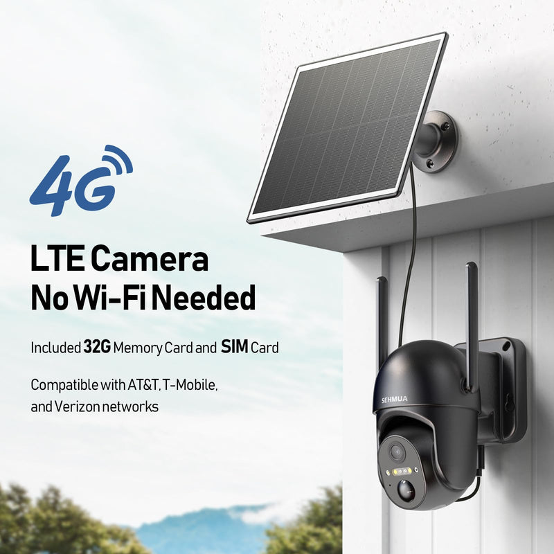 SEHMUA 4G LTE Cellular Solar Security Camera Wireless Outdoor, No WiFi Solar Powered Camera, 360° Live View, 2K Color Night Vision, PIR Motion Sensor, 2 Way Talk, Built in SIM Card Black