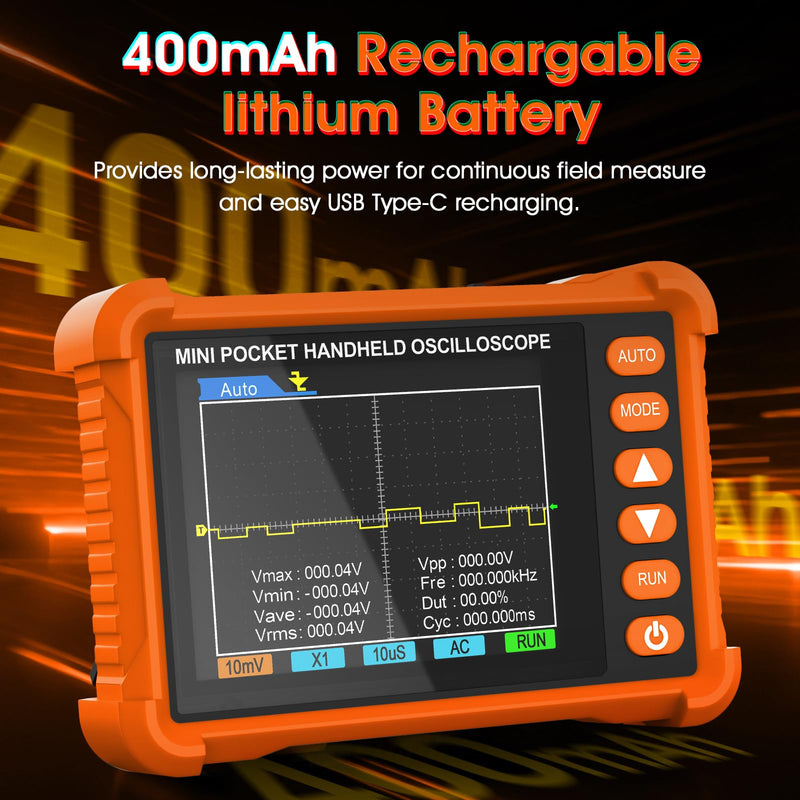 BTMETER Mini Handheld Digital Oscilloscope - 250 kHz Bandwidth, 2.5 MSa/s Sampling, 2.8" LCD, AUTO/Normal/Single Trigger, ±40 V Input (X1), Portable Pocket Scope for Electronics Repair & Education Orange